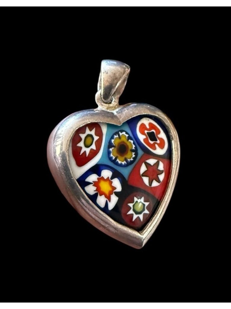 925 Sterling Silver Millefiori Murano Glass Heart Floral Dangle Pendant